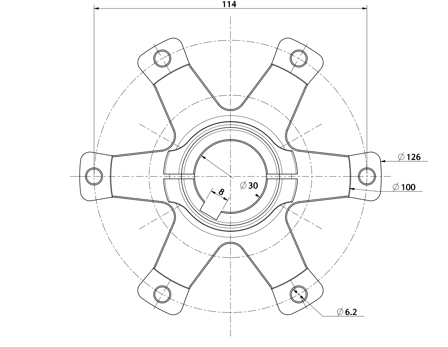 30mm Aluminium Brake Disc Hub, 6 Spokes, Black - Image 2